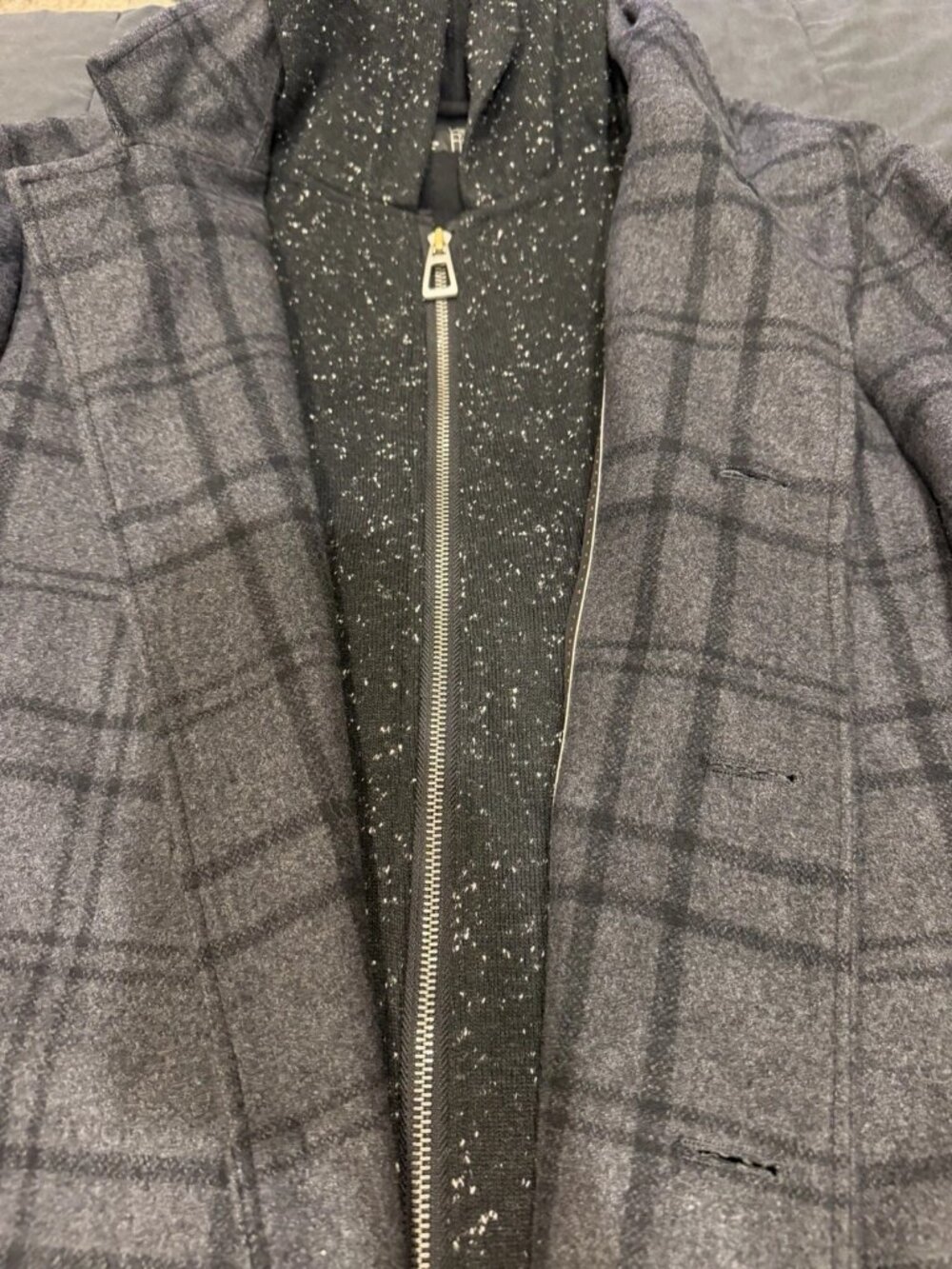 Howe Men’s XL Gray Plaid Jacket Layered Look Hooded Wool Blend Smart Casual